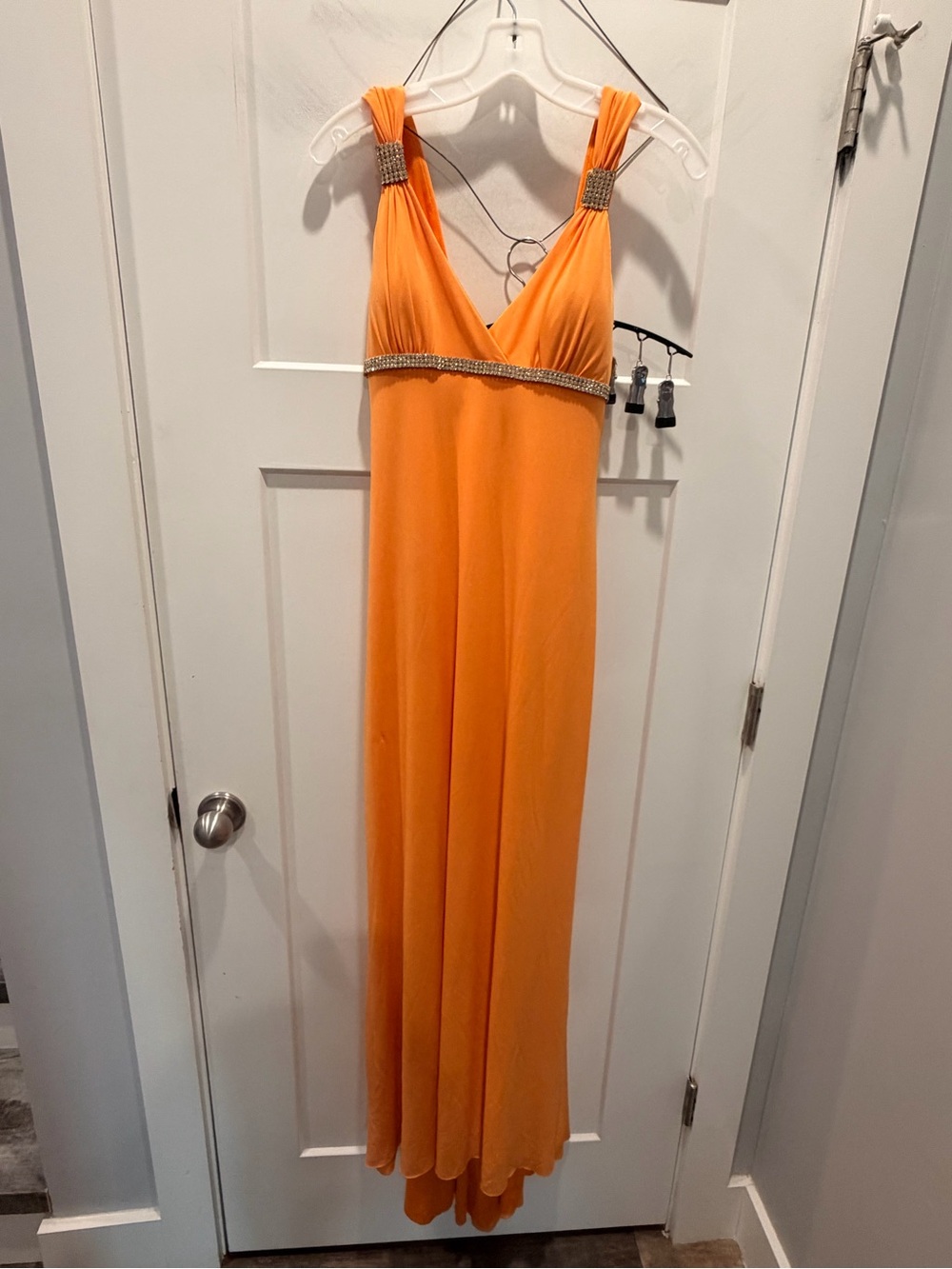Vintage Caché Size 6 Orange Rhinestone Empire Waist Formal Maxi Gown